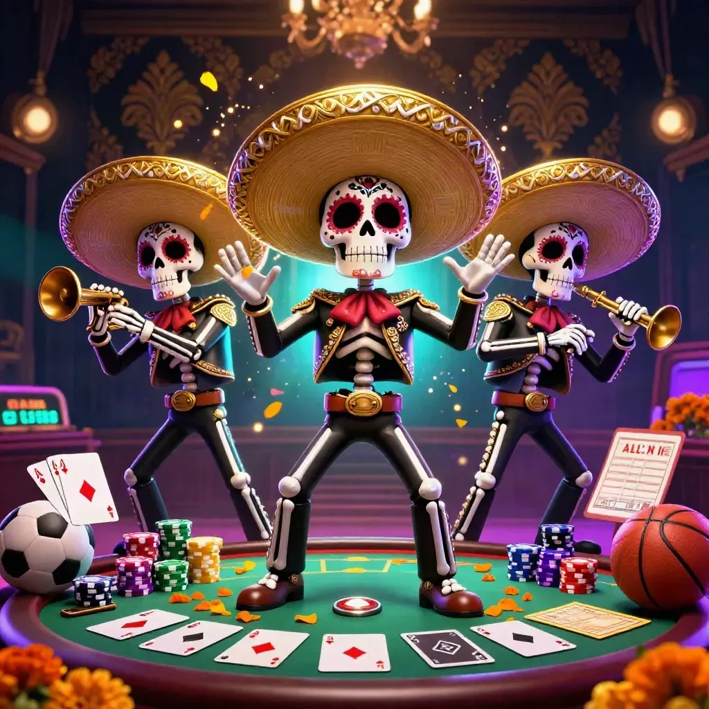 Skeleton mariachi trio amid poker chips, cards, and neon casino lights.