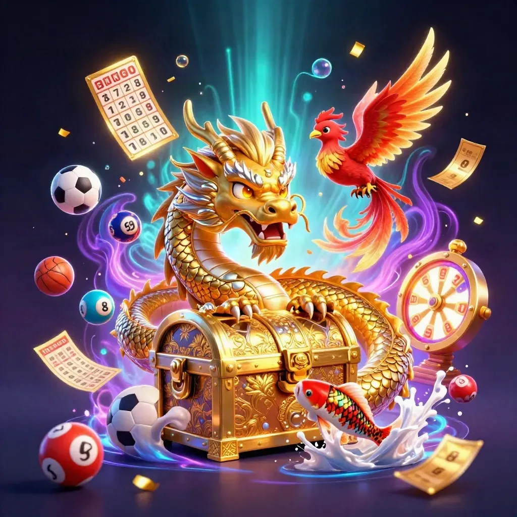 Golden dragon, phoenix, koi, lottery balls and casino props burst in neon cyber fantasy.