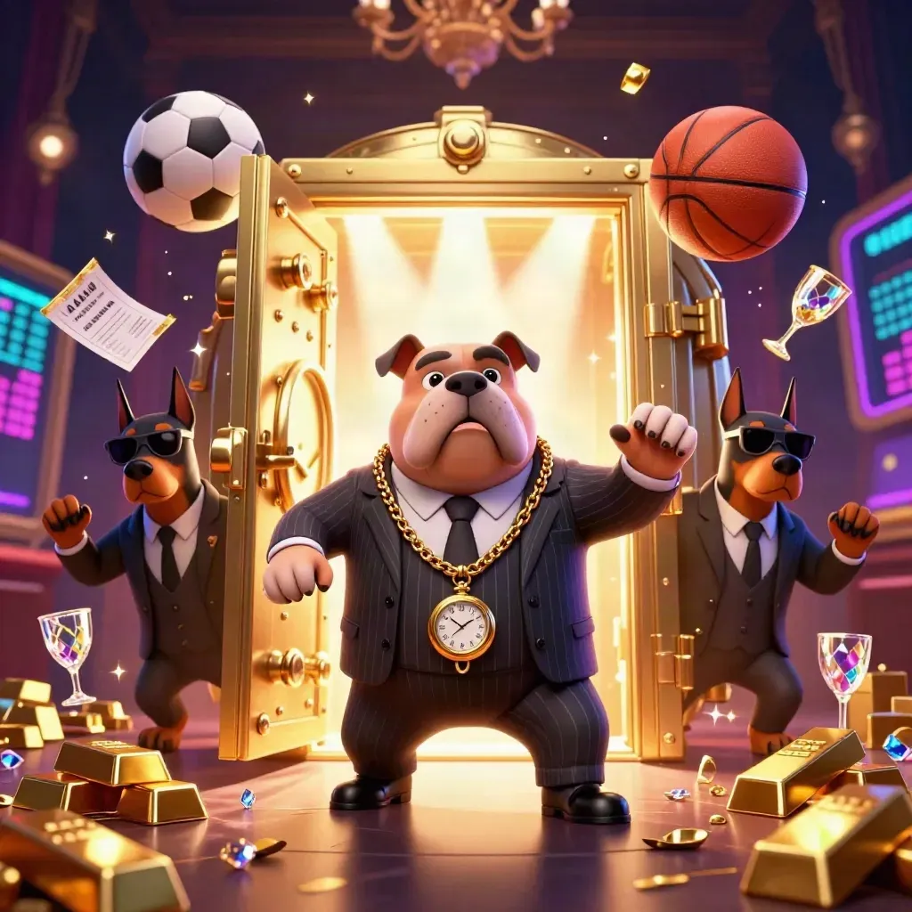 Mobster bulldog and Dobermans burst from a gold vault amid sports gear and neon casino lights.