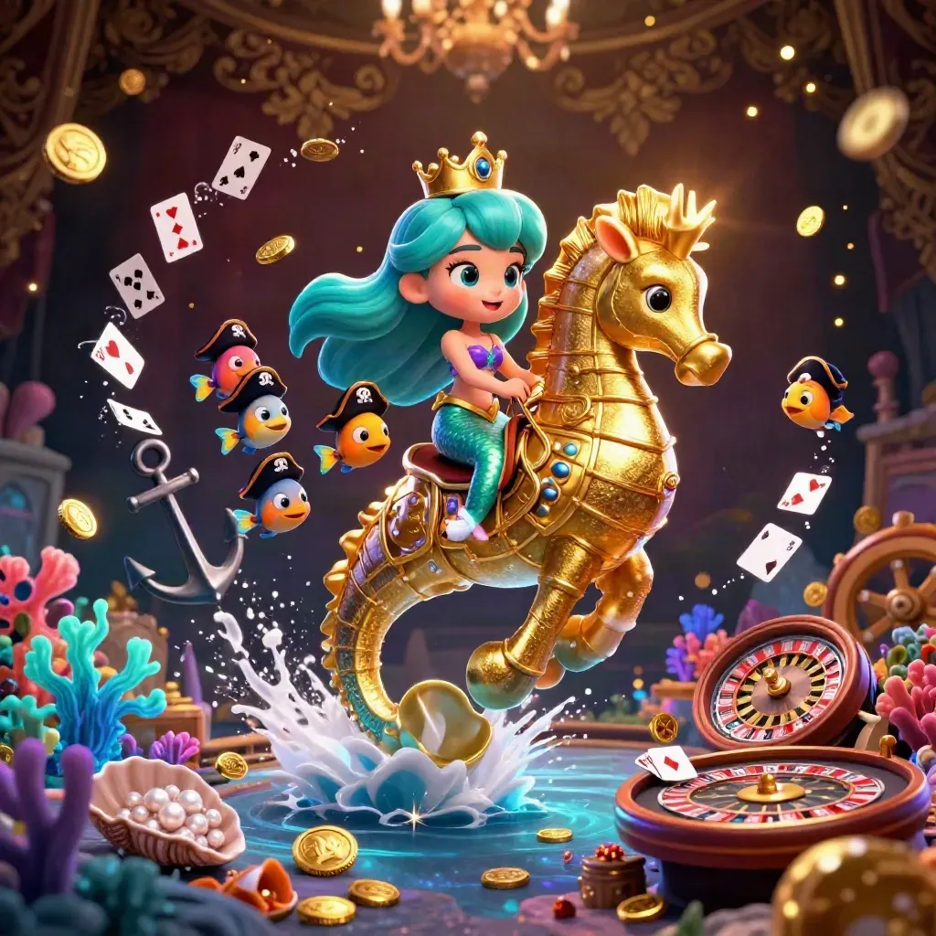 Mermaid princess on seahorse with pirate fish, coins, coral, cards, and casino glow