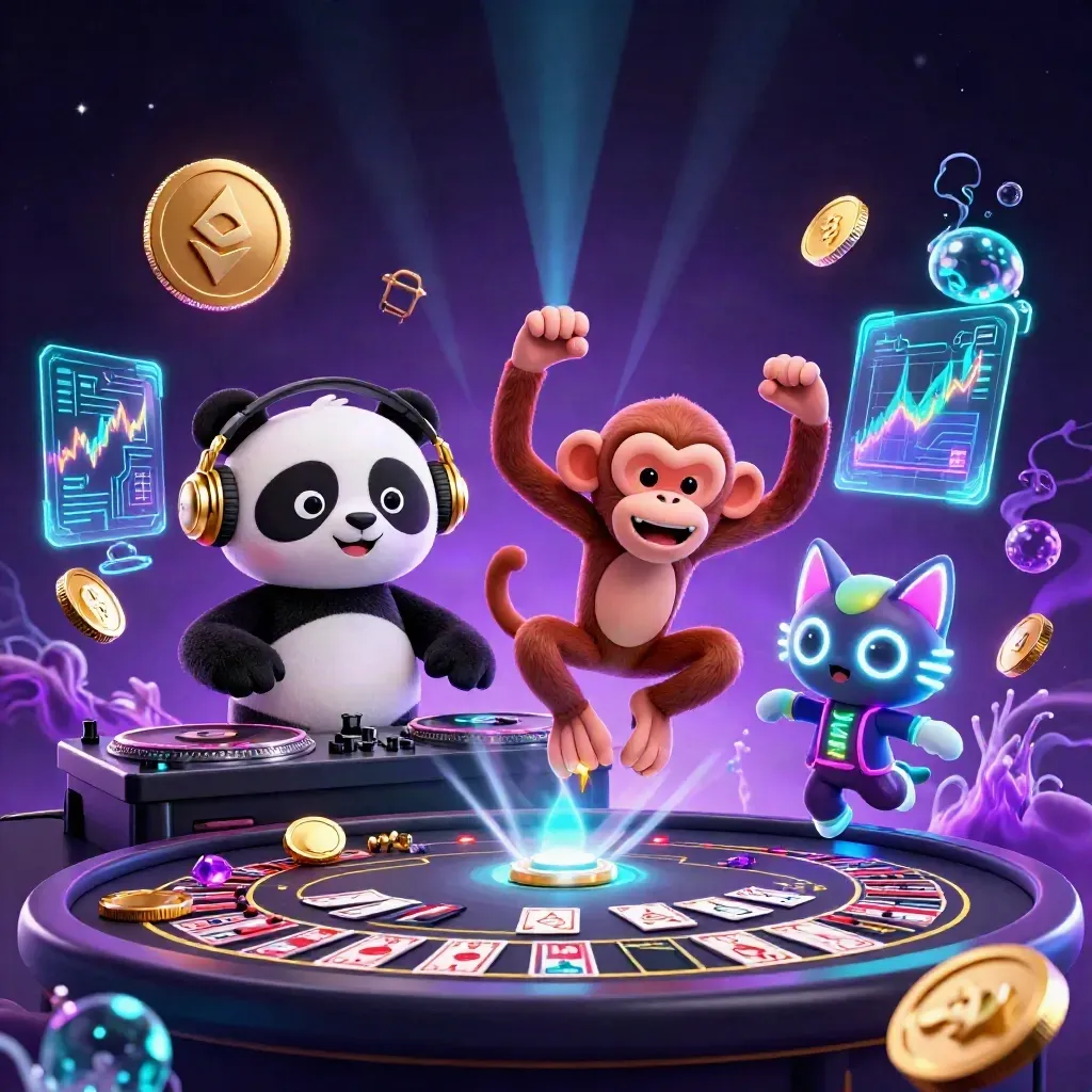 Neon panda DJ, monkey and glow-stick kitten in a cyber casino with coins and lightning.