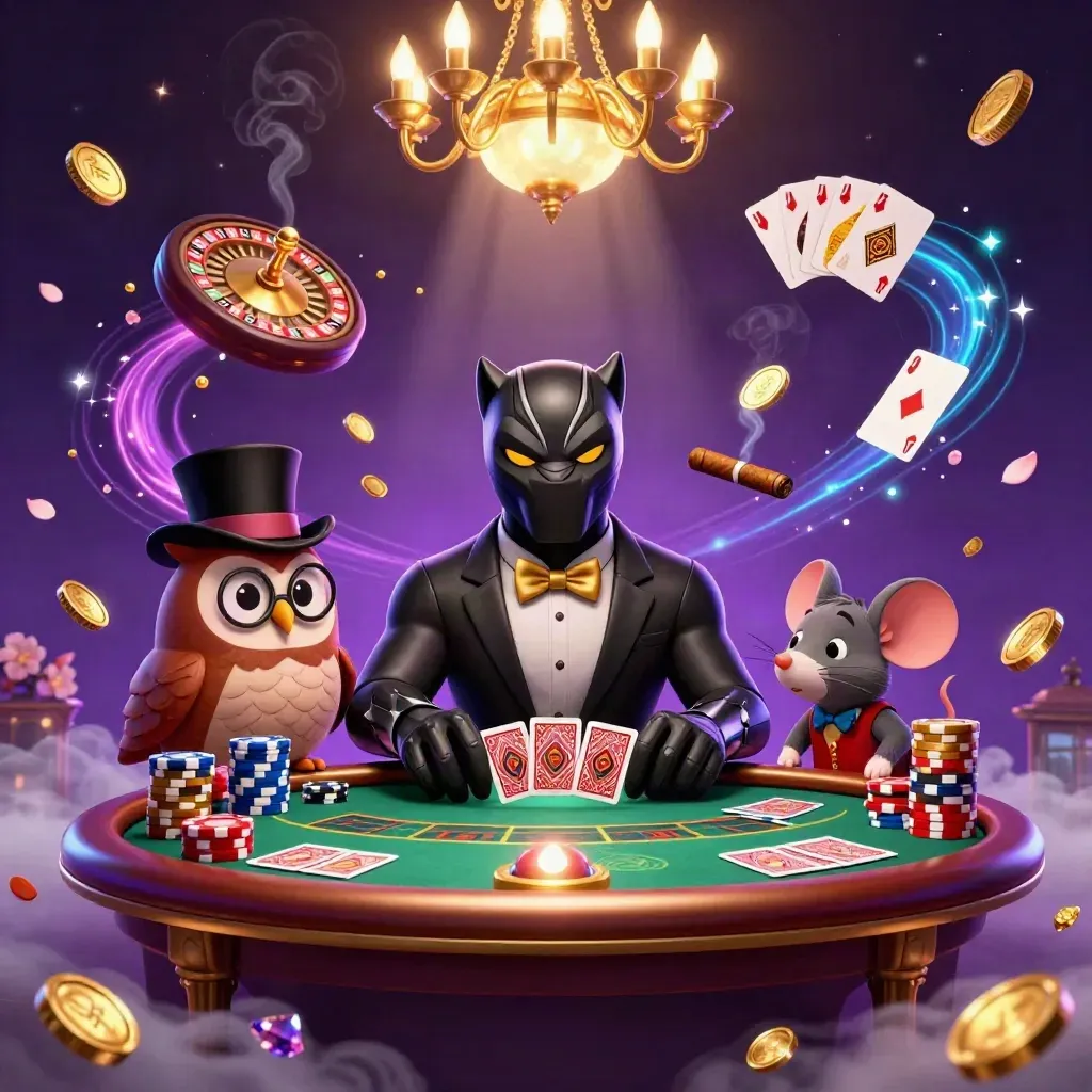 Panther, owl, and mouse in a neon casino with coins, gems, roulette, and chandelier glow.
