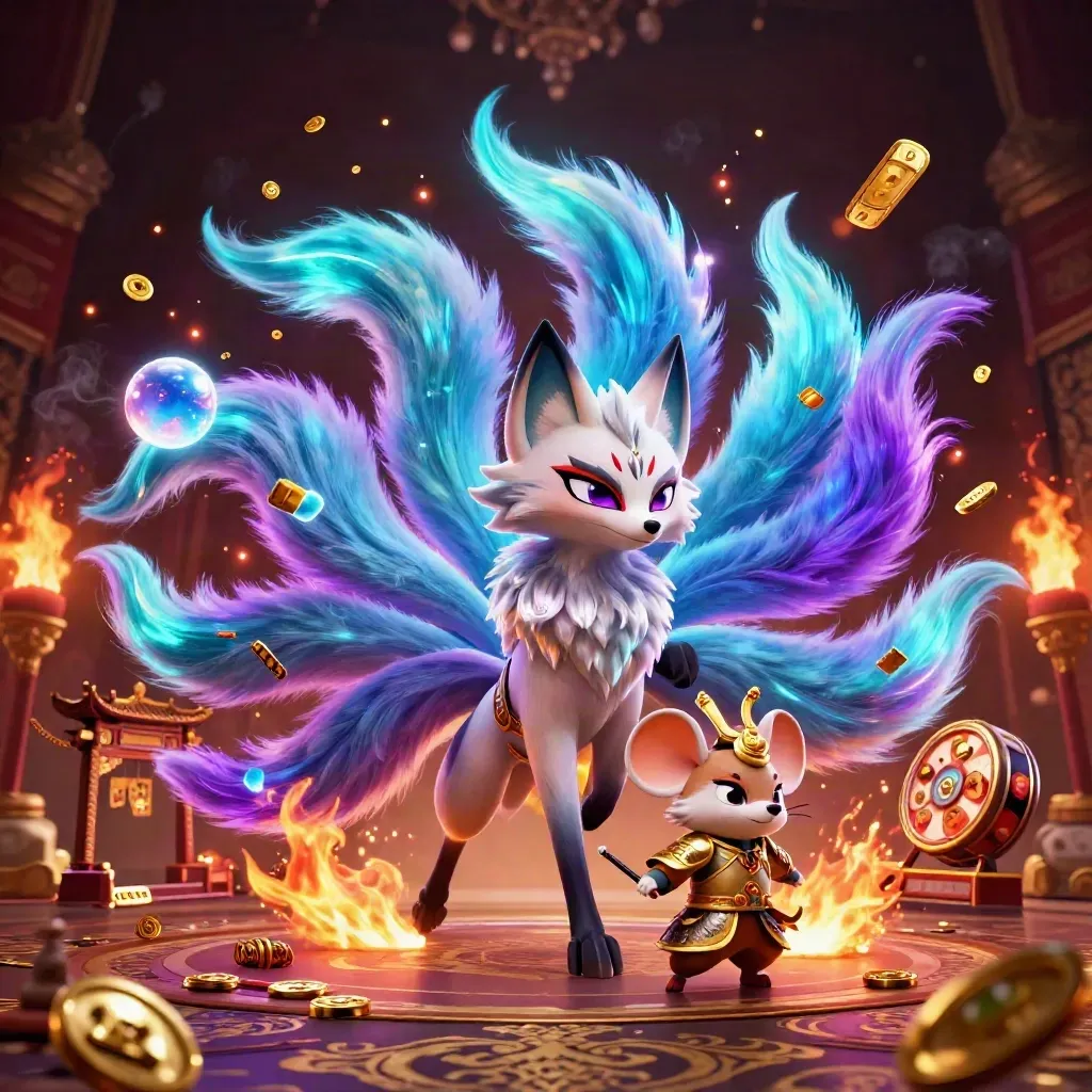 Neon fox spirit and samurai mouse amid casino-treasure bursts in a dark ornate arena.