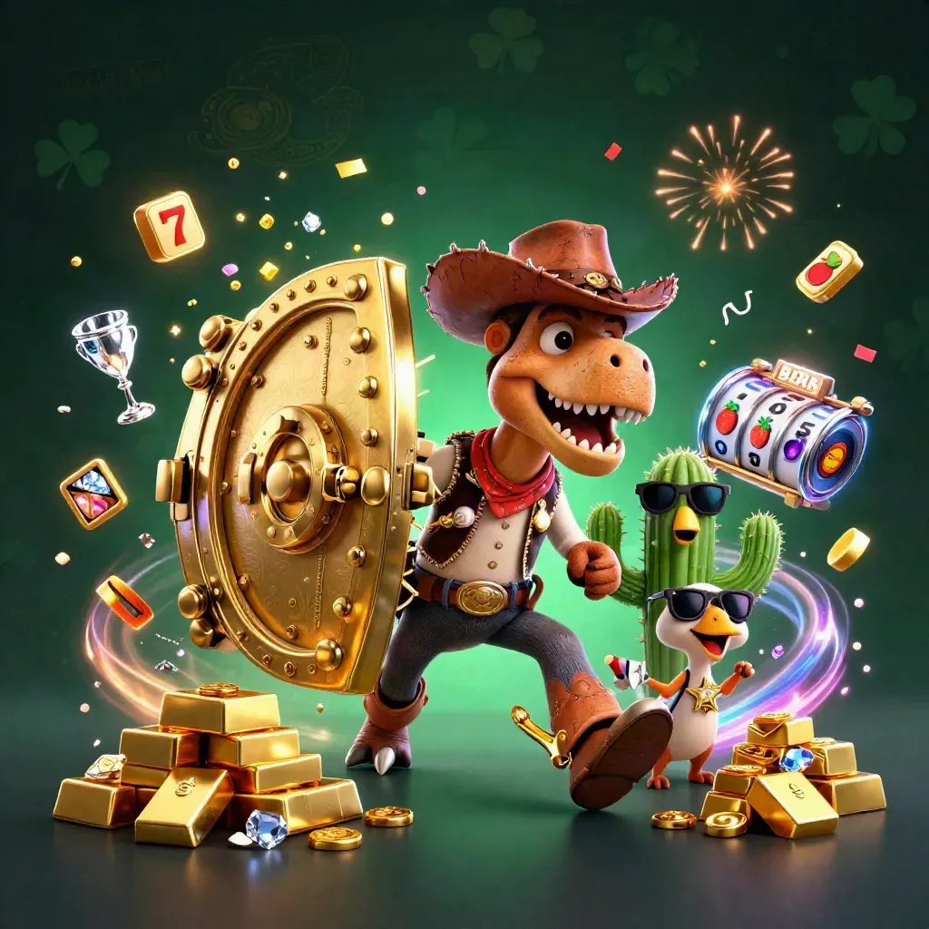 Cowboy T-Rex, cactus and roadrunner burst from a golden vault with gems and neon casino glow.