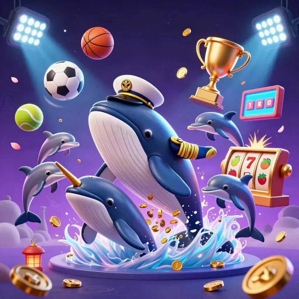 Captain whale, narwhal, and dolphins burst through coins in a neon casino splash.