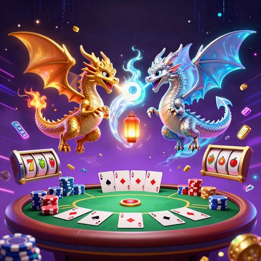 Twin gold and silver dragons spiral in neon combat over poker chips and glowing casino relics.