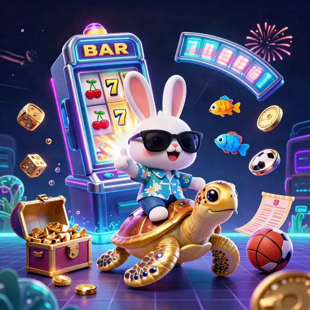 Lucky rabbit rides a golden sea turtle amid coins, slot symbols, fireworks, and neon casino glow.