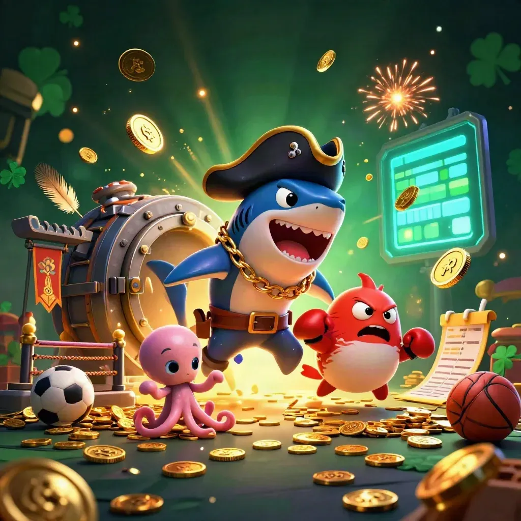 Pirate shark, boxing pufferfish, and coin-juggling octopus in a neon casino burst