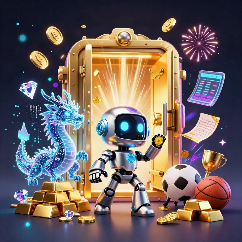 Cyberpunk robot, holographic dragon and coin drone burst from a vault amid gold, neon and fireworks.