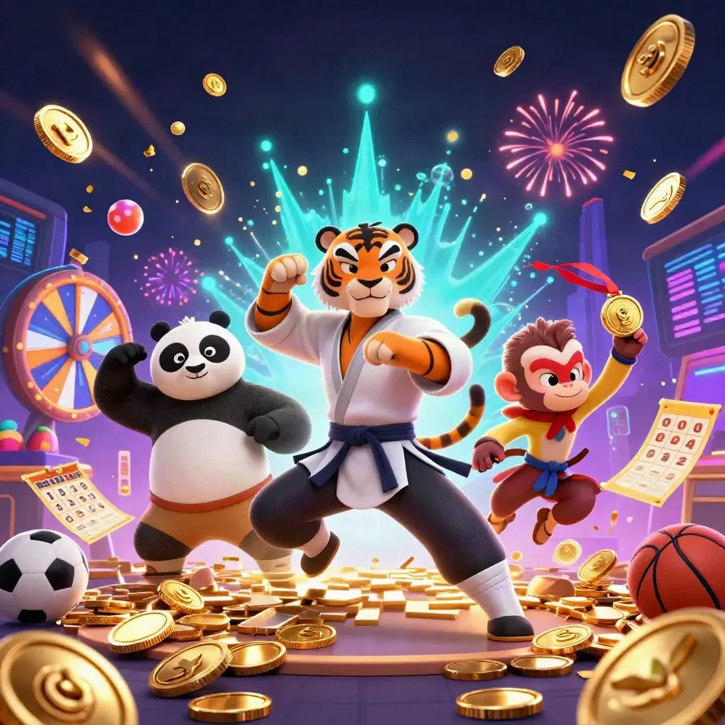 Kung-fu tiger, panda and monkey amid coins, wheel, balls and fireworks in neon casino art