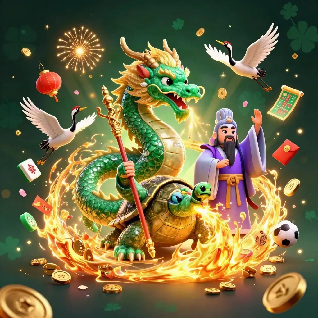 Dragon, turtle sage, and cranes explode in a neon casino reward scene with coins and fireworks.