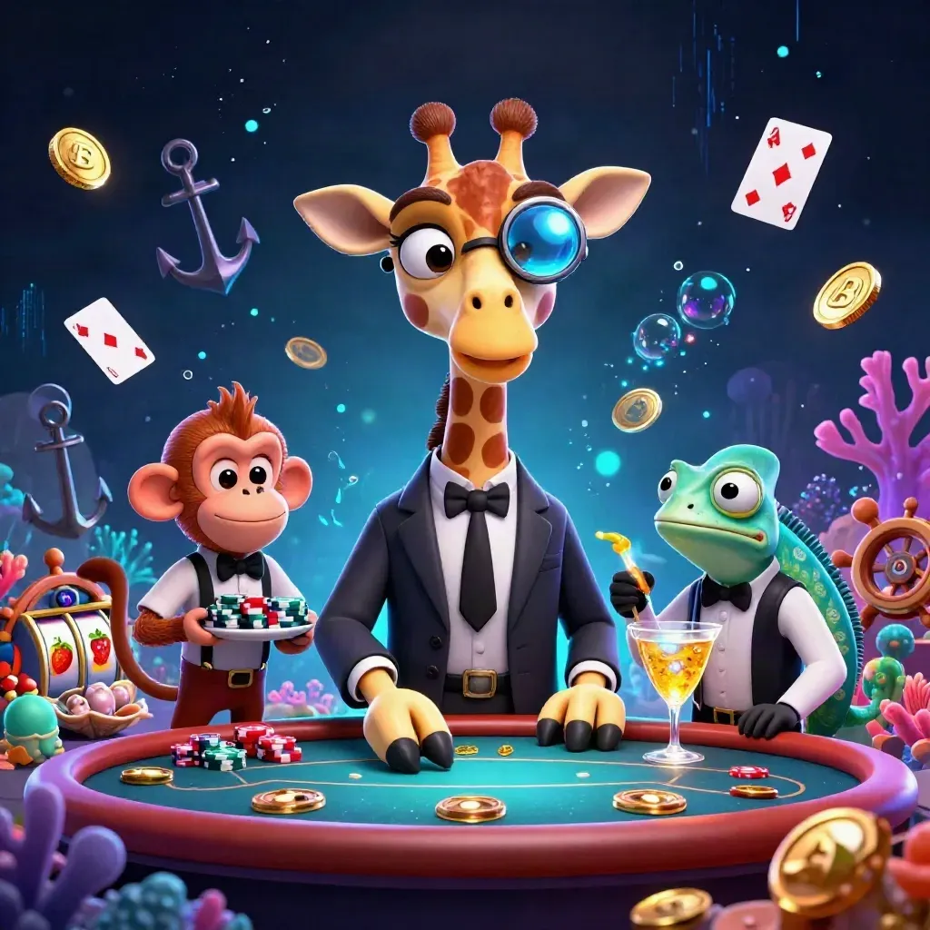 Glam casino giraffe, monkey valet, and chameleon bartender amid underwater treasure and neon effects.