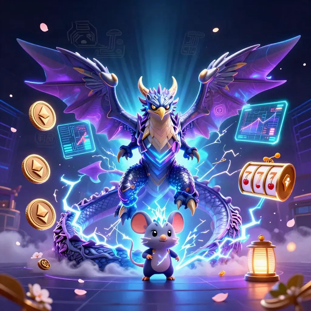 Thunder dragon with glowing hawk and static mouse amid neon casino coins, reels, and lightning.