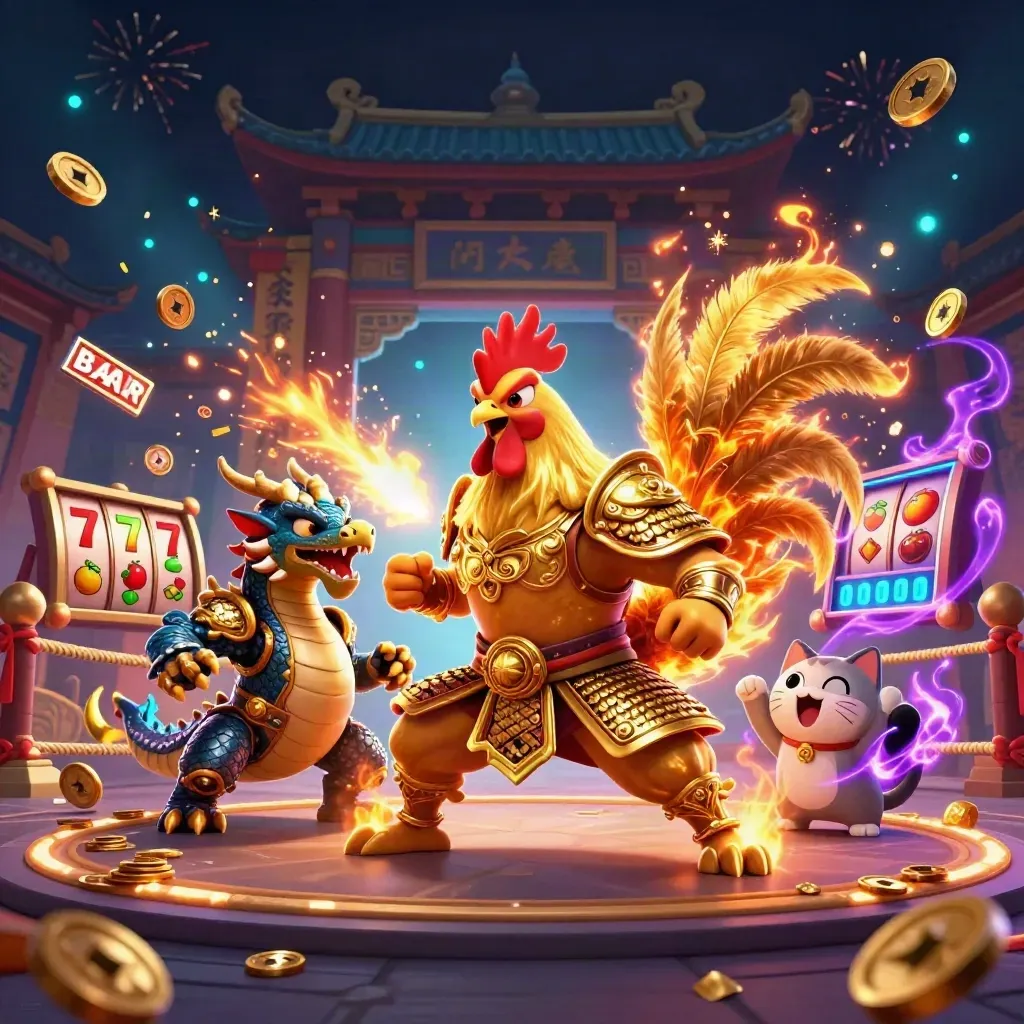 Rooster samurai, spark-breathing dragon hatchling, and cheering fortune cat in a neon casino burst.