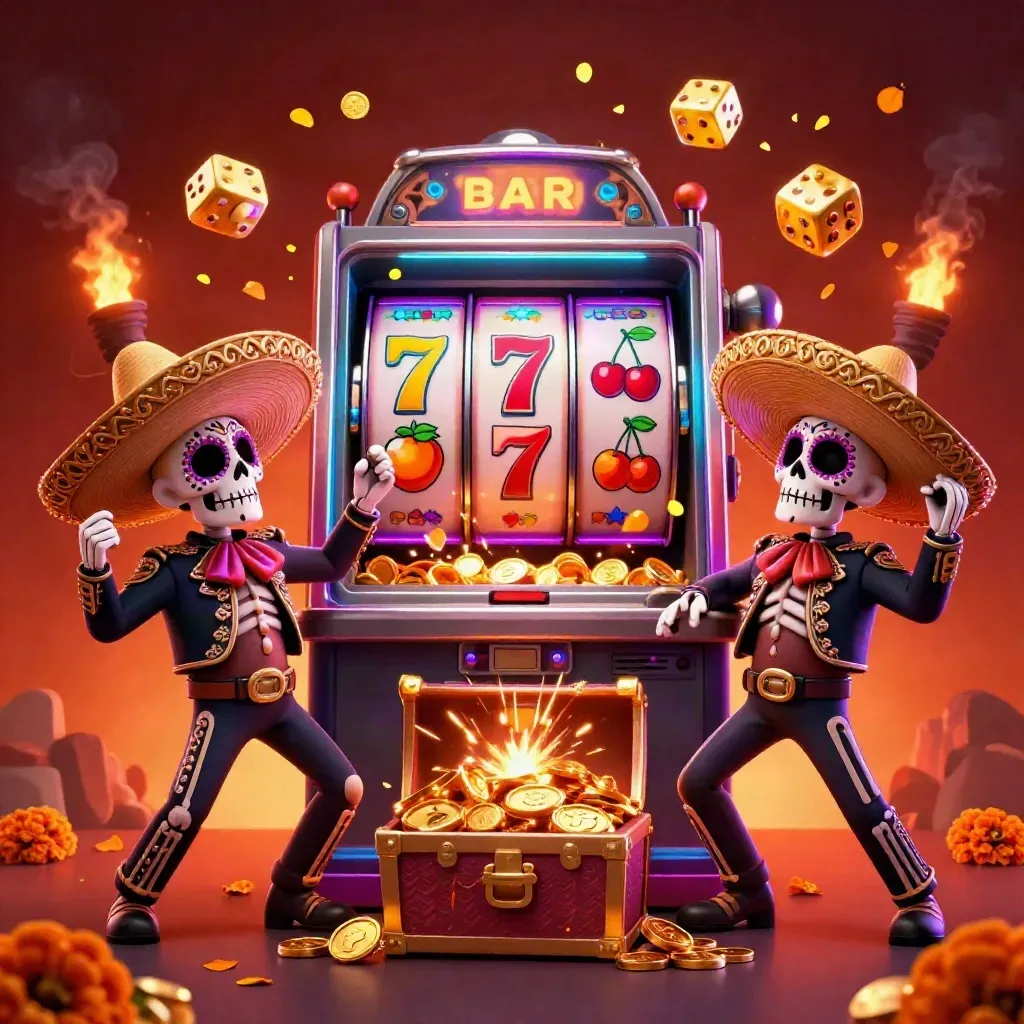 Skeleton mariachi trio with exploding slot machine, gold, ember glow, and neon casino energy