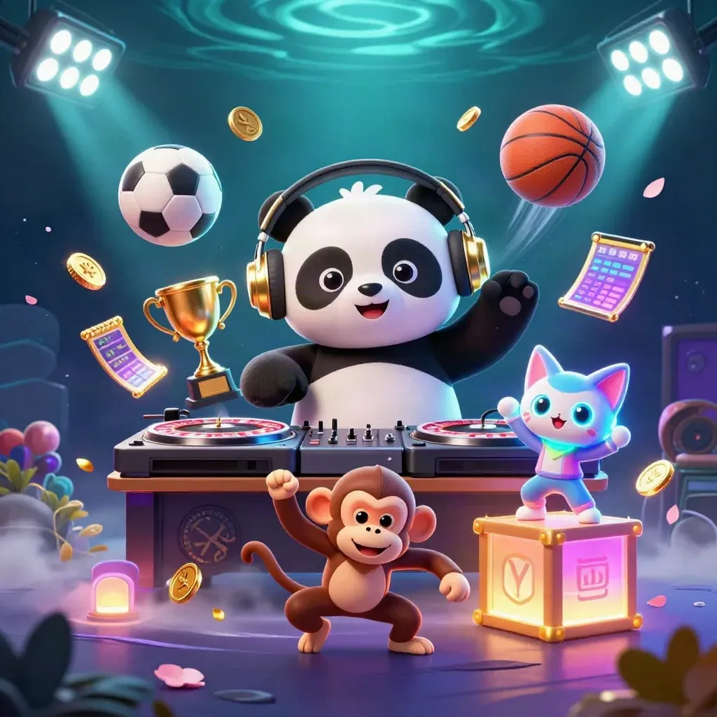 DJ panda, breakdancing monkey, and glow-stick kitten amid casino sports icons and neon lights.
