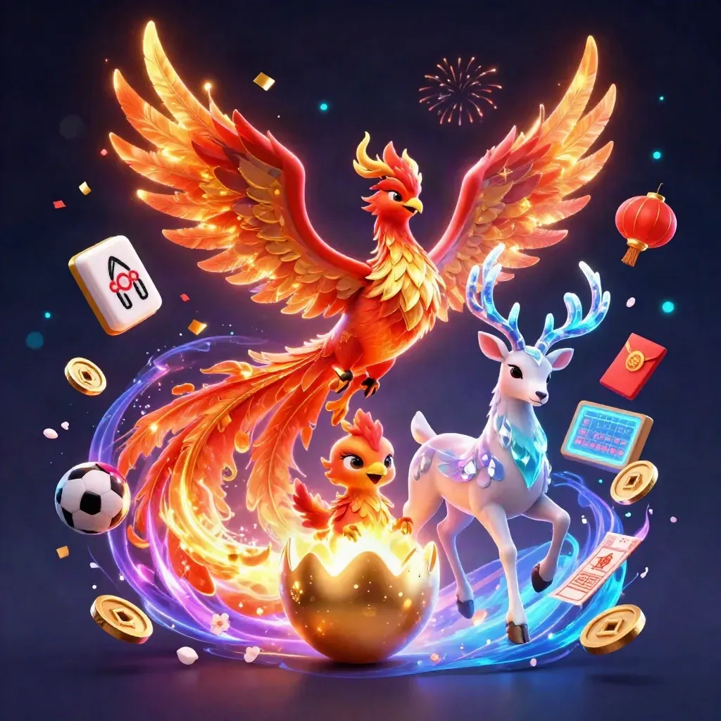 Fire phoenix, baby phoenix, and crystal-antler stag amid neon casino rewards and sparks