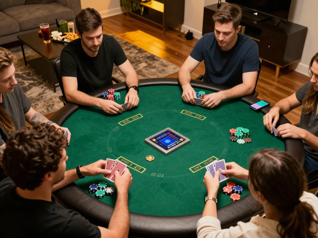 Active online poker game showcasing nhà cái 388bet environment with players' hands holding cards while placing bets