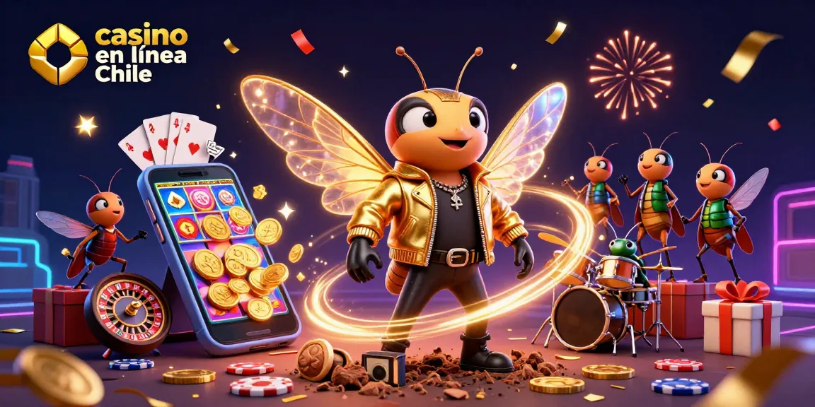 Disfruta de un emocionante casino en línea Chile con una ilustración vibrante de una estrella de rock y elementos de juego.
