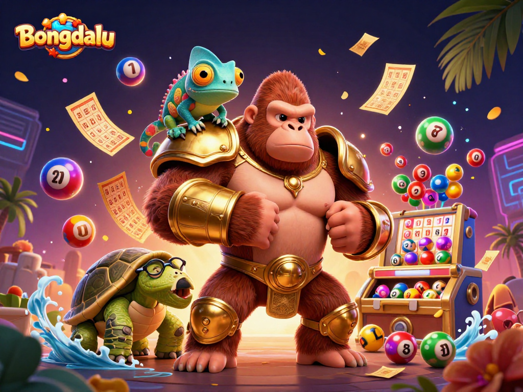 Bongdalu showcases a dynamic scene of a gorilla king, chameleon spy, and tortoise elder amid lottery excitement.