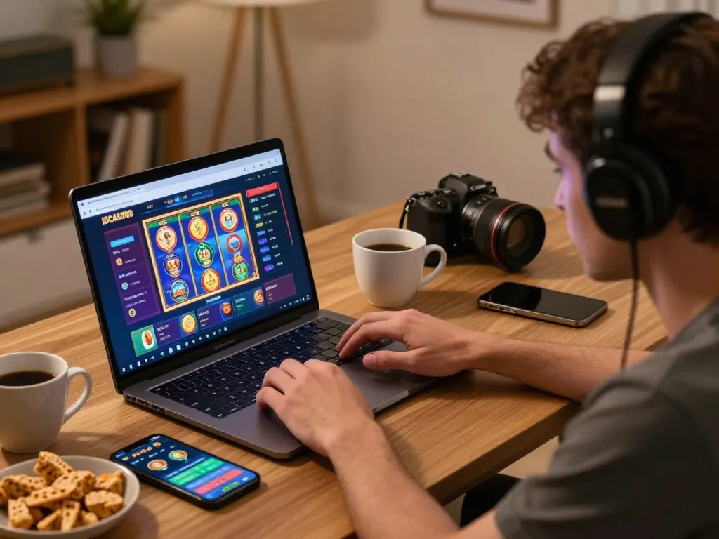 Engaged player enjoying an online slot game at IDCASH88 on their laptop