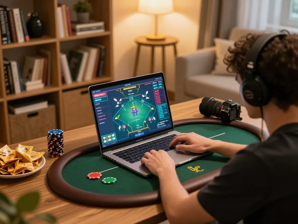 Player focused on LC88 online poker interface during an engaging home gaming session, showcasing strategy.