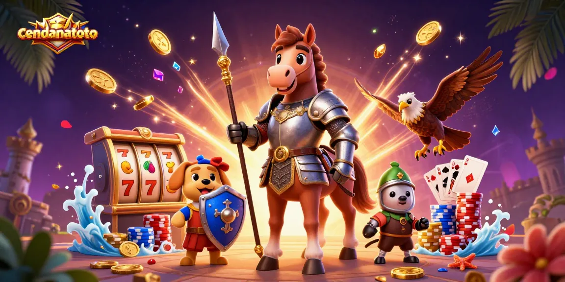 Cendanatoto features a vibrant slot machine scene with a knight, puppy, and falcon amidst cascading gold coins.