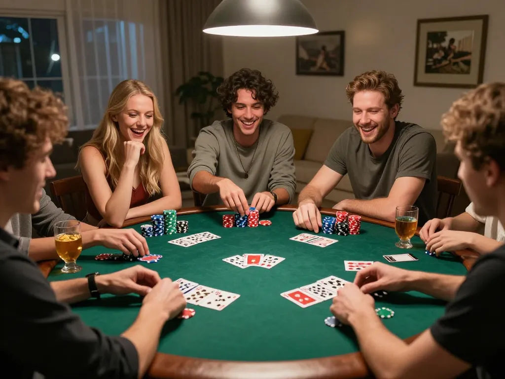 Rakan-rakan yang terlibat bermain poker di rumah, menunjukkan keseronokan mengklaim kredit percuma rm50 sambil menikmati suasana yang selesa.