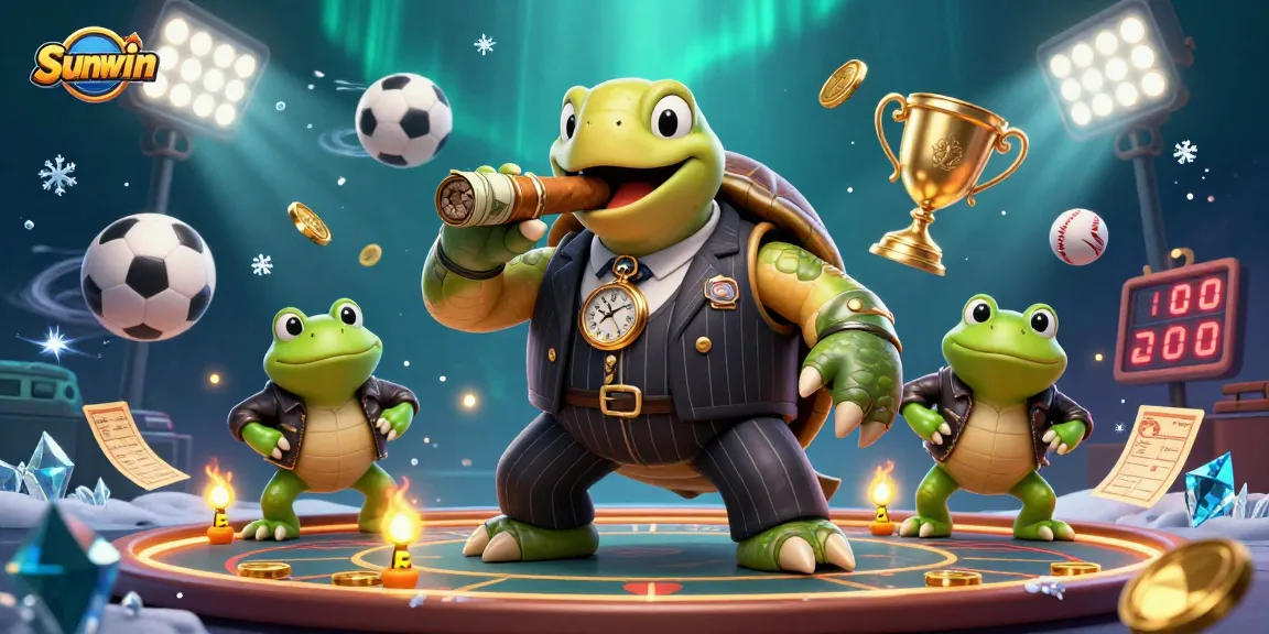 Engage in thrilling gameplay at Sunwin, featuring a massive turtle and bullfrog enforcers beneath a dynamic casino atmosphere.
