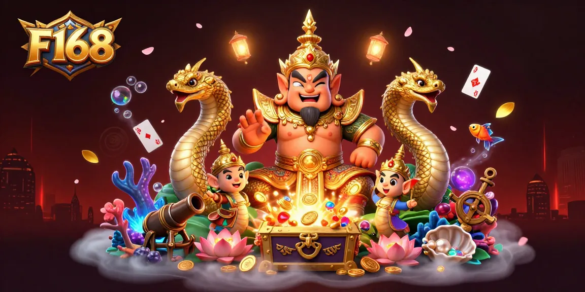 Join the thrilling world of F168 with vibrant casino elements and friendly characters enhancing your gaming experience.
