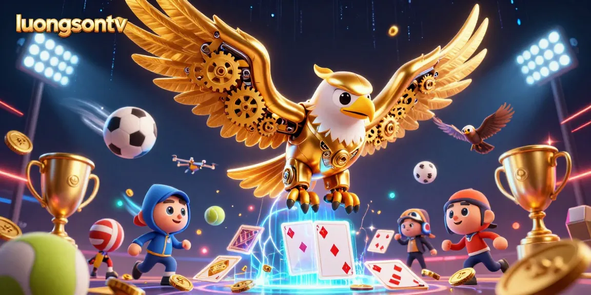 Experience dynamic sports betting excitement with luongsontv, showcasing 3D elements like trophy cups and gameplay scenes.