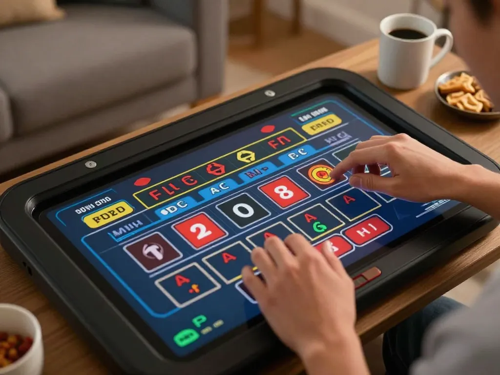 Player engaging in interactive online roulette game on tablet at home, showcasing Fokus777 gaming experience with vibrant colors.