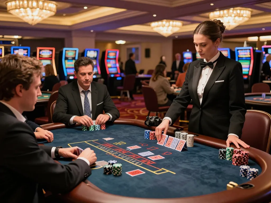 Players enjoying blackjack at a Da88 casino table, lights illuminating strategic gameplay and excitement.
