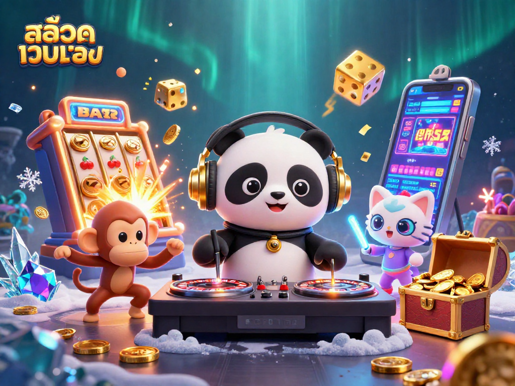 Engage in สล็อตเว็บตรง excitement with a vibrant 3D illustration of a DJ panda and friends in a casino setting.