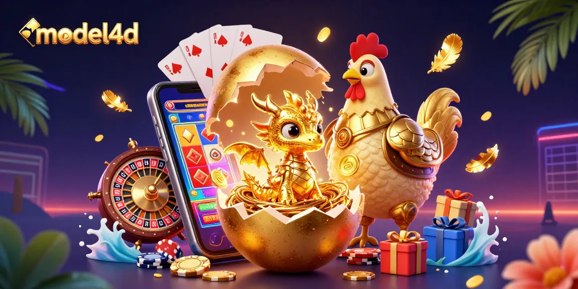 Modal4d menampilkan naga emas dalam telur yang pecah di tengah tumpukan chip poker, dikelilingi elemen kasino.