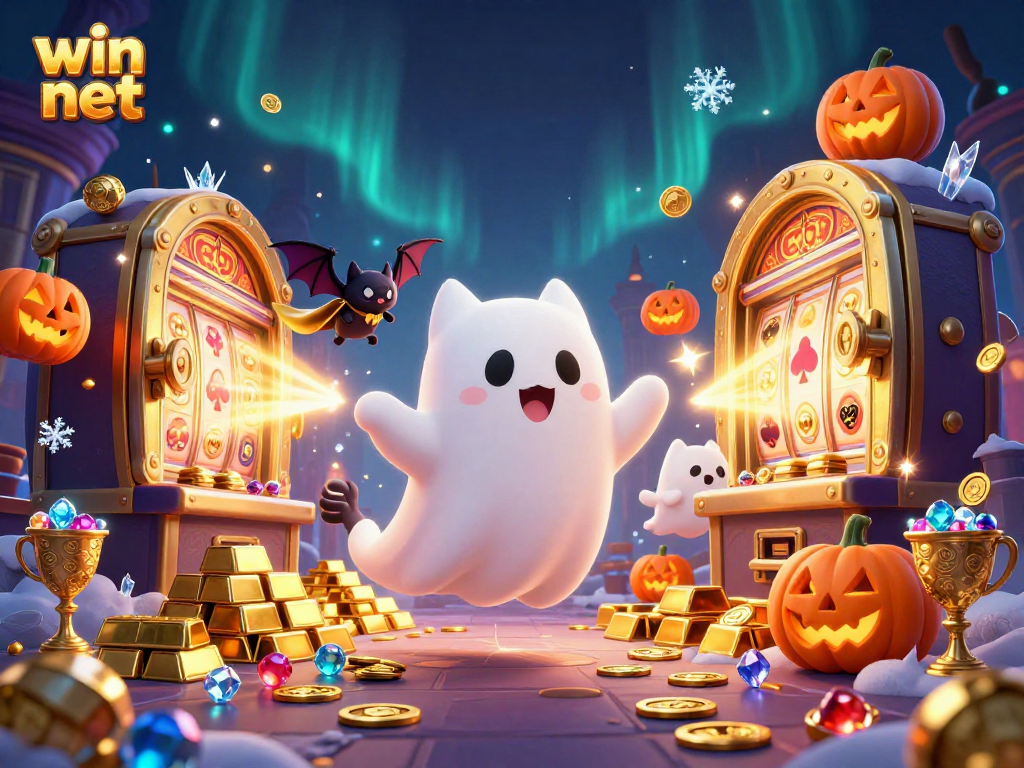 Experience thrilling wins at win net with a ghostly cat and treasure bursting in an enchanting casino.