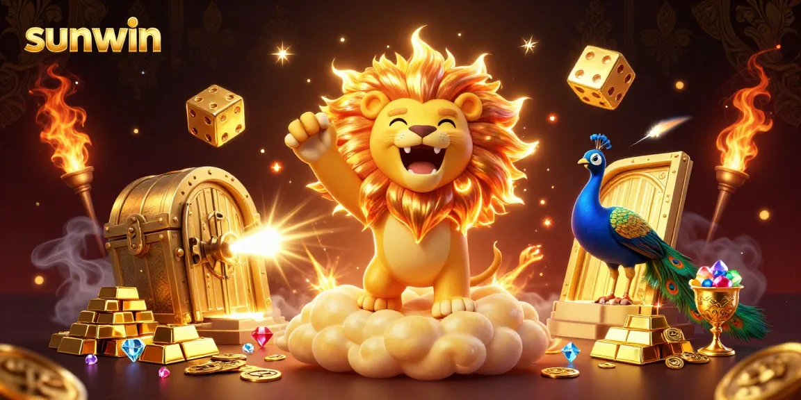 Experience the thrill of sunwin with a roaring sun lion amidst golden treasure and glamorous casino elements.