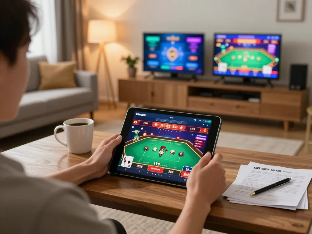 Person utilizing Fun88 app for online betting in a cozy home gaming setup.