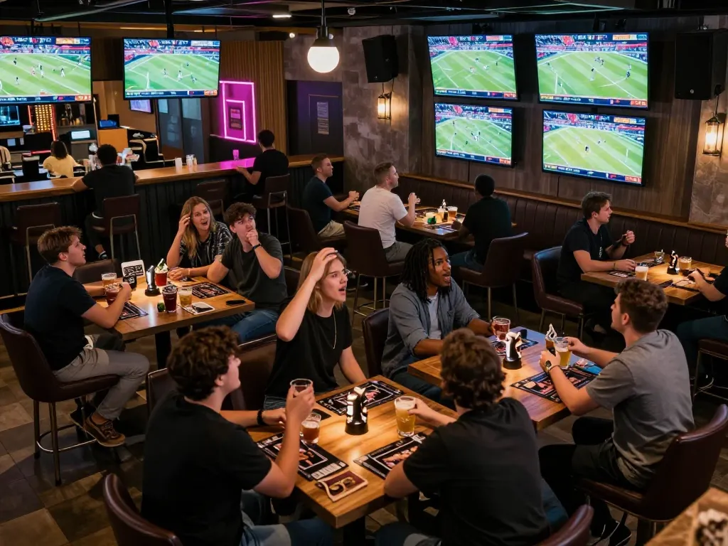 Patrons engaged in sports betting excitement at 789f sports bar with multiple screens.