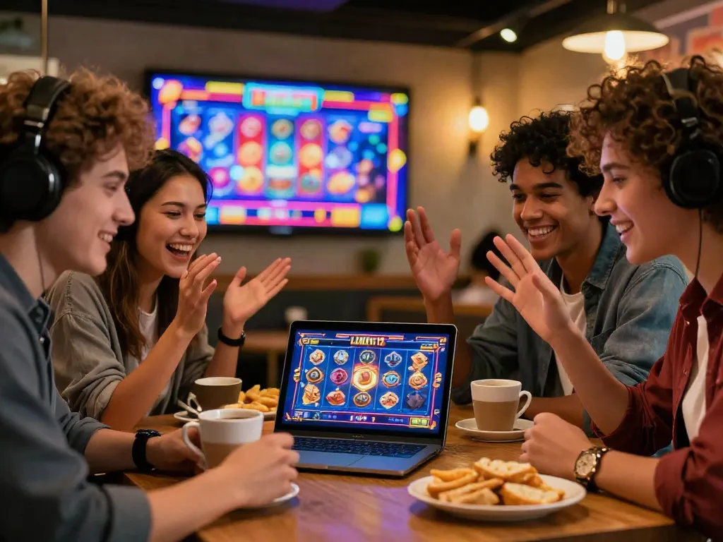 Players enjoying luxury12 slots on mobile in a cozy café, showcasing excitement and social gaming.