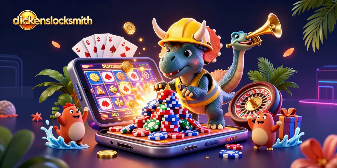 Engage with exciting casino action at dickenslocksmith, featuring vibrant gaming elements and joyful characters.