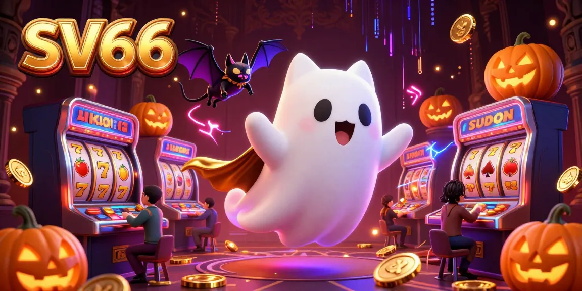 Spin the reels at SV66 with a ghostly touch in this vibrant casino-themed artwork.