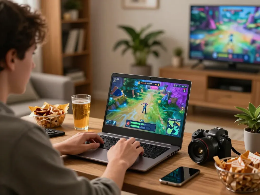 KADAL778 player enjoying interactive gaming on laptop with vibrant graphics and snacks in a cozy setting.
