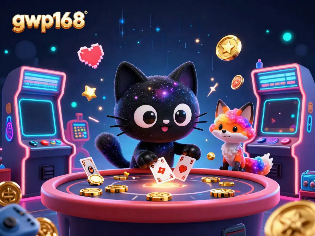 GWP168 menghadirkan suasana kasino yang memikat dengan karakter kucing hitam dan rubah nebula.
