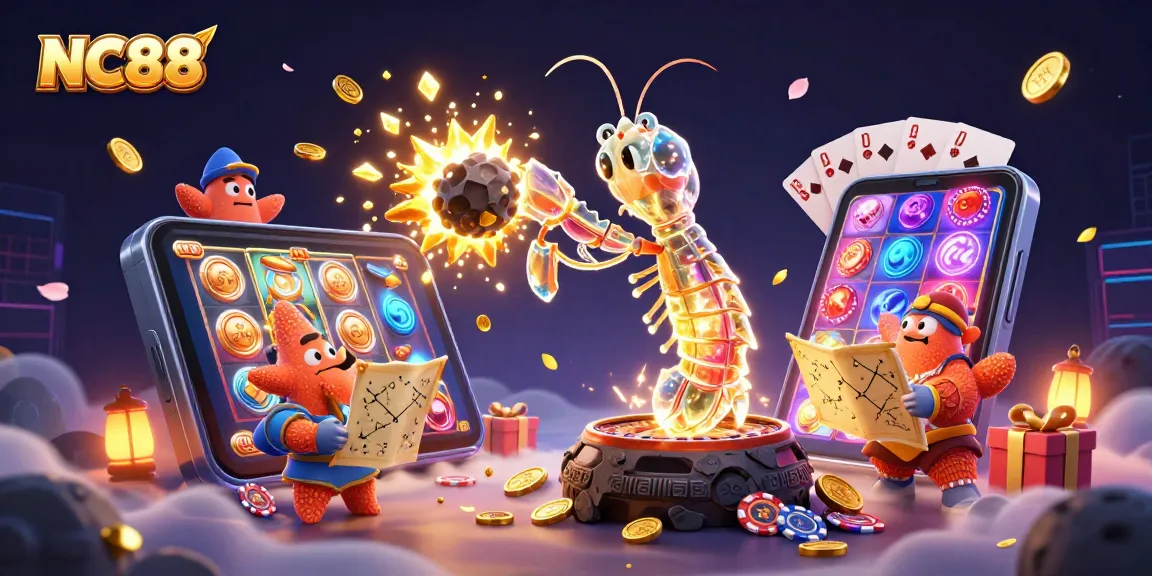 Engage with NC88's exciting world as a galactic samurai shrimp battles in a vibrant casino scene.