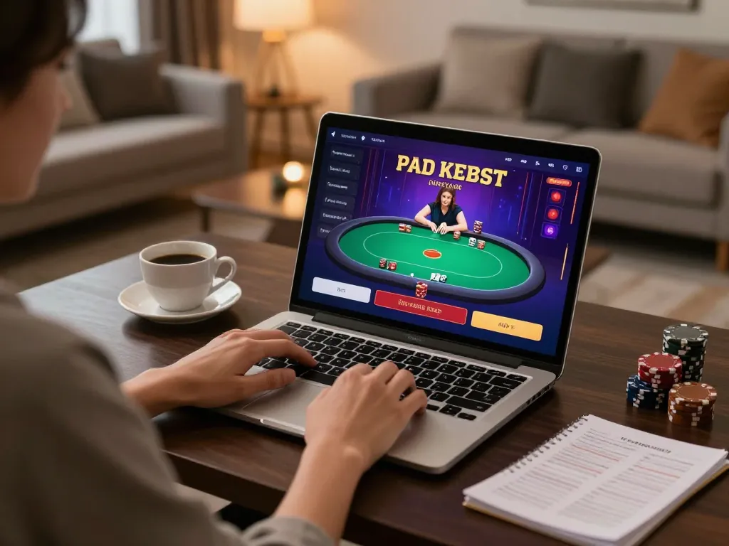 W88 player engaging in strategic online poker game on laptop in a cozy home setting.