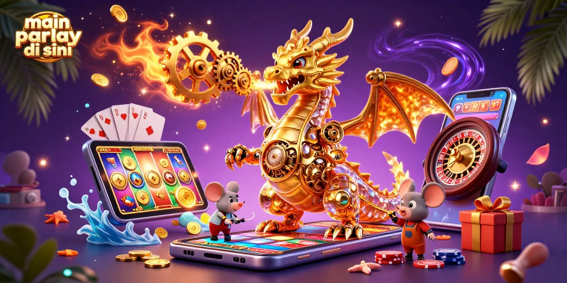 Main parlay di sini showcases an engaging scene with a golden dragon and a mouse engineer amid dynamic casino elements.