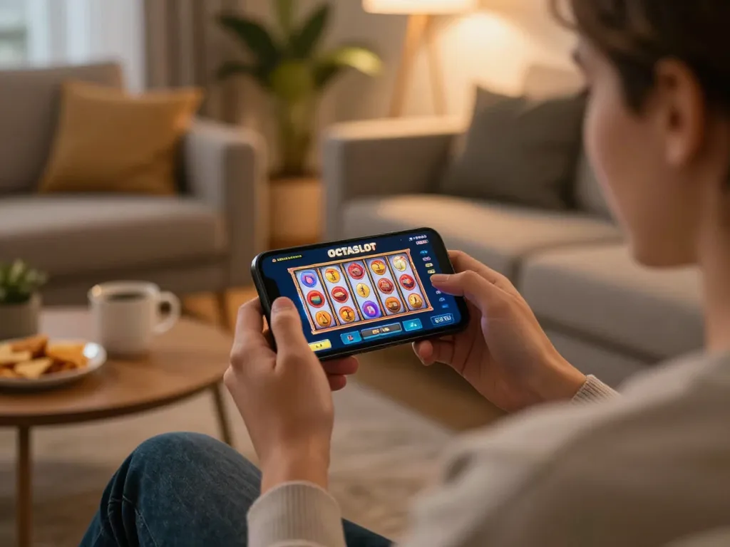 Engaged user playing OCTASLOT on smartphone in a cozy home setting, showcasing mobile gaming excitement.