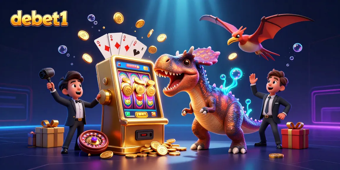Experience the excitement with debet1 as a pachycephalosaurus hits a slot machine, coins flying!