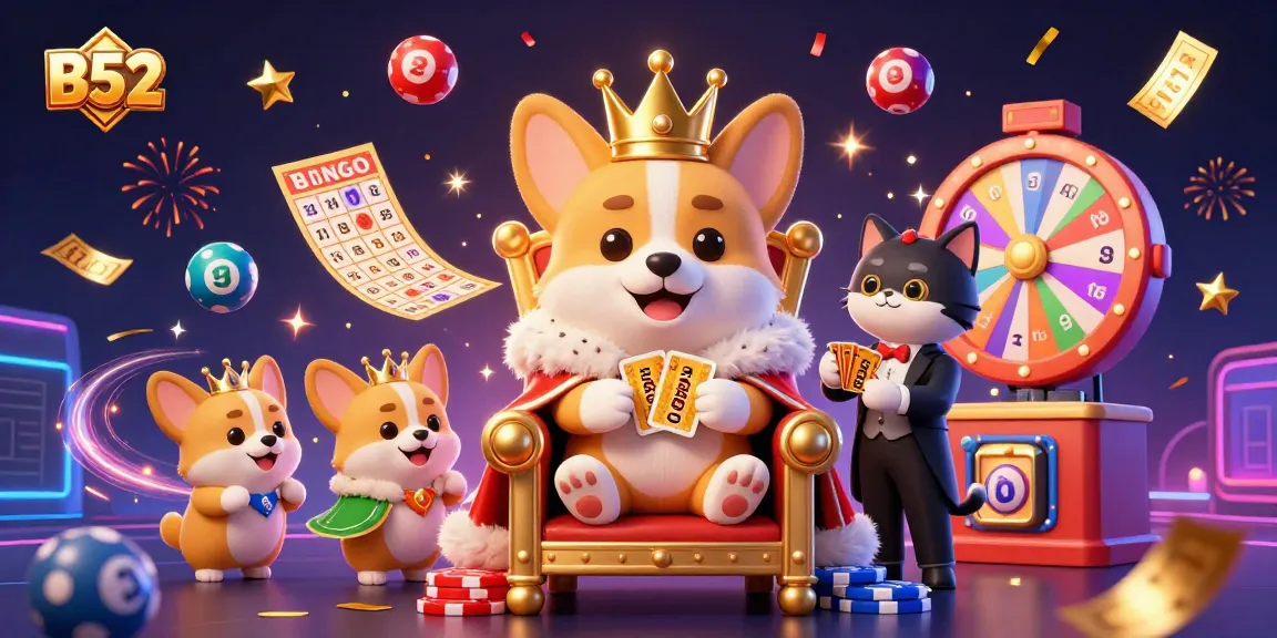 B52 casino illustration featuring a royal corgi, cat butler, and lottery elements in a vibrant scene.